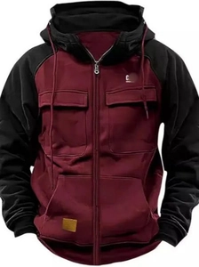 Giacca da uomo bordeaux e nera con cappuccio, tasche utility e coulisse regolabile