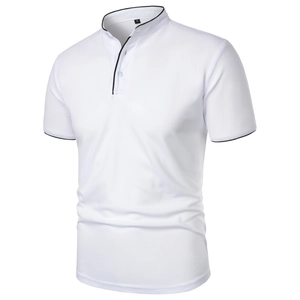 Detail view of white polo shirt featuring a stand collar and black contrast piping accents