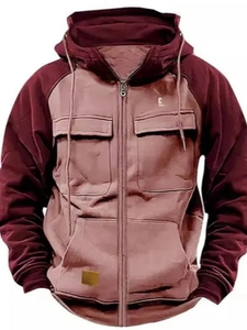 Felpa da uomo con cappuccio e zip con maniche a contrasto e tasche multiuso