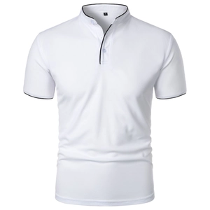Slim fit men's white short sleeve polo shirt with black trim details on collar and cuffs