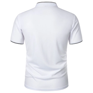 Detail view of white men's polo shirt back with black piping and honeycomb fabric texture