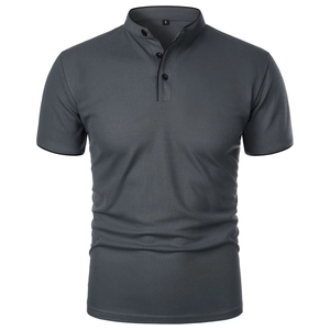 Slim fit dark grey cotton piqué polo shirt with a modern mandarin collar and three buttons