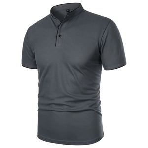 Detail of dark grey Polo shirt showing the stand collar and black contrast tipping trim