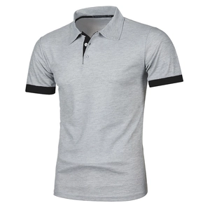 Close-up of gray short-sleeve Polo shirt featuring black contrast collar and cuffs