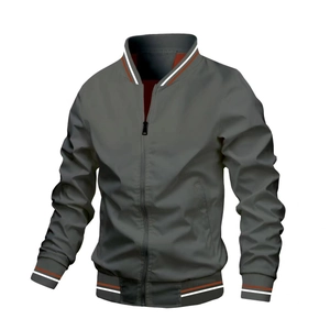 Men's dark grey bomber jacket featuring sporty red and white striped ribbed trim and zipper
