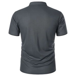 Macro detail of dark grey polo shirt back view showing breathable pique cotton texture