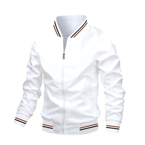 Detail of white bomber jacket showing striped ribbed collar and metal zipper closure
