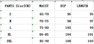 Size chart for women's 2-piece sweatshirt and wide-leg track pants set from S to 2XL