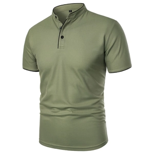 Close-up of moss green polo shirt with stand collar and black contrast piping detail