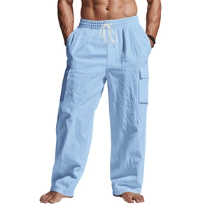 Pantalón cargo de lino azul claro para hombre con cintura elástica y bolsillos