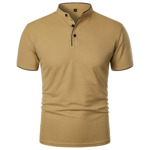Detail of waffle textured mustard yellow polo shirt with stand collar and black buttons