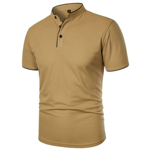 Detail of khaki polo shirt with black trim, buttons and pique mesh texture