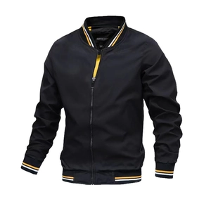 Men's black flight bomber jacket with yellow and white striped ribbed trim and metal zipper
