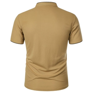 Macro detail of khaki men's slim fit polo shirt with black stripes on back collar and cuffs