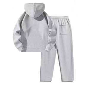 Women's two-piece gray casual half-zip sweatshirt and wide-leg sweatpants set back view