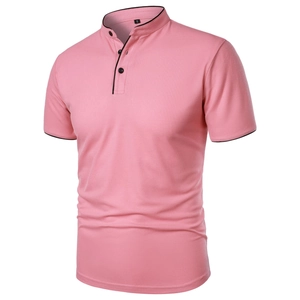 Detail of pink polo shirt showing ribbed standing collar and black contrast trim