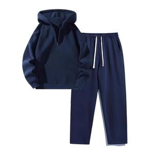 Navy blue women's 2-piece tracksuit with half-zip sweatshirt and wide-leg jogger pants