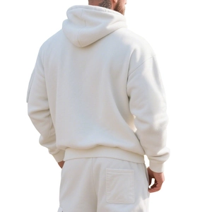Rear view of cream heavy fleece hoodie and jogger set with minimalist square back pocket