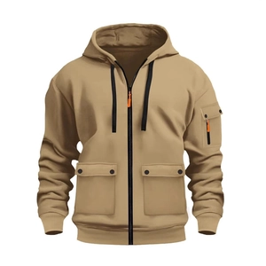 Detail of khaki zip-up hoodie with functional cargo pockets and orange zipper accents