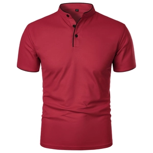 Detail of red slim fit polo shirt with black trim collar and three button placket