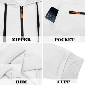 Detailed views of zipper, side pockets, ribbed cuffs, and hem on a white hoodie