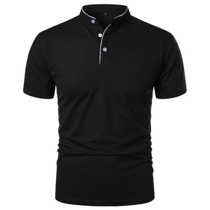Men's slim fit black polo shirt with white contrast trim and mandarin collar design