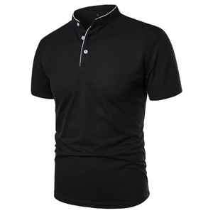 Close-up of slim fit black polo shirt featuring white piped mandarin collar and buttons