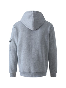 Detail view of heather gray hoodie sleeve featuring a functional cargo utility pocket