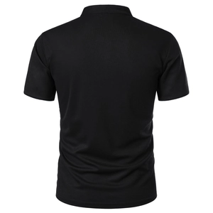 Detail view of the black short sleeve Polo shirt back featuring breathable piqué fabric