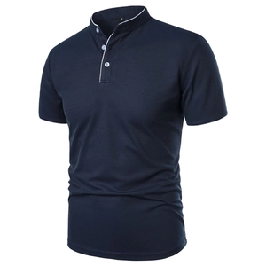 Close-up of navy blue polo shirt featuring minimalist stand collar and white contrast piping