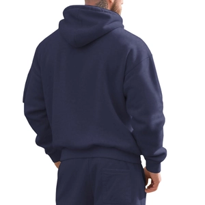 Rear view of a heavy navy blue men's hoodie and matching joggers set in soft cotton fabric