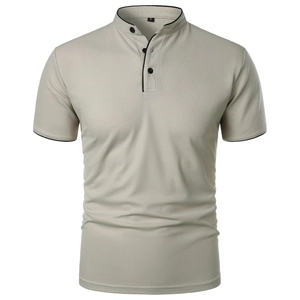 Detail of light khaki polo shirt featuring a black contrast stand collar and mesh texture