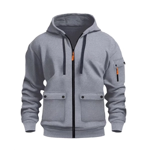 Men's Full Zip Hoodie Polyester Multi Pocket Hooded Sweatshirt Casual Outdoor Sport Workwear Cargo Style Jacket For Men