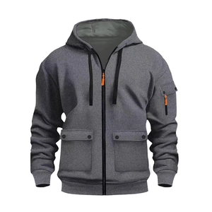 Men's grey hooded utility jacket with multi-pocket design and orange zipper details