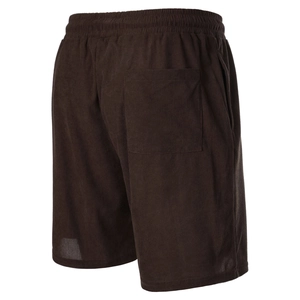 Detail of men's brown corduroy shorts showing elastic waistband and back patch pocket