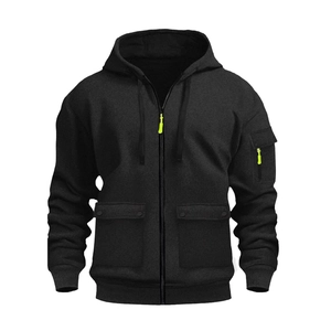 Men's black cargo hoodie jacket with neon green zipper and multiple utility pockets