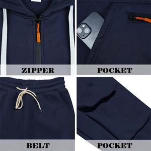 Vue détaillée du survêtement bleu marine avec zips orange et grandes poches cargo de rangement