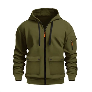 Olive green tactical zip-up hoodie for men with multiple pockets and orange zipper detail