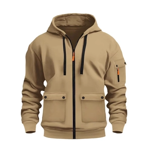 Men's khaki cargo hoodie jacket with multi-pocket design and orange zipper details