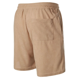 Detailed close-up of khaki corduroy texture and elastic waistband on men's casual shorts