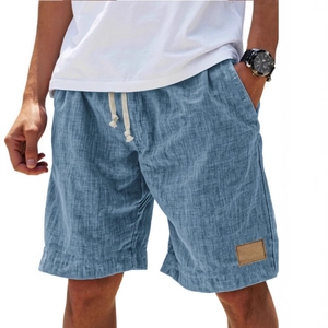 Men's light blue breathable linen shorts with drawstring waist and leather patch detail