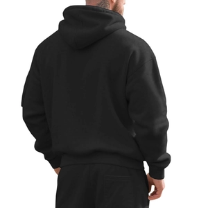 Rear view of heavy black fleece hoodie with drop shoulders and matching joggers set