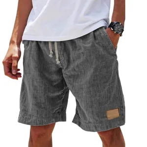 Men's dark gray breathable linen casual shorts with elastic drawstring waist and leather label