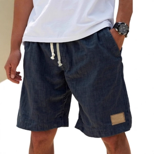 Men's retro breathable navy blue linen casual shorts with white drawstring and waist detail
