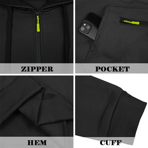 Detail view of black hoodie features green drawstrings, zipper, and ribbed cuffs