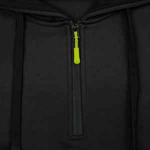 Detail of men's black hoodie with 1/4 zipper and neon green pull tab highlight