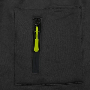 Detailed close-up of dark grey hoodie with functional vertical zipper pocket and neon green puller