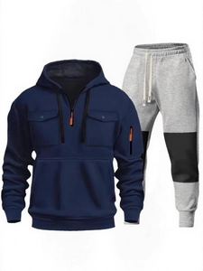 Tuta da uomo con felpa con cappuccio blu navy e pantaloni sportivi grigi con pannelli neri