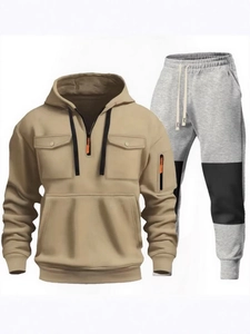 Tuta sportiva da uomo con felpa con cappuccio kaki e pantaloni sportivi grigio melange
