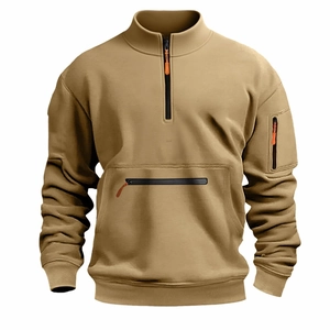 Detail of tactical khaki hoodie featuring 1/4 zipper collar and multiple zipper pockets